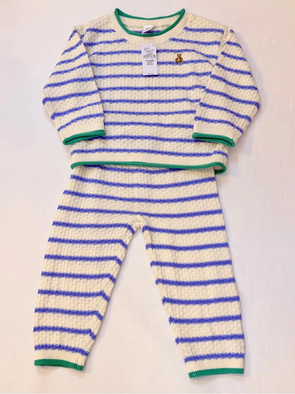 Baby GAP Cream & Lake Blue Striped Cotton Knit Set Kelly Green Detailing 12-18M